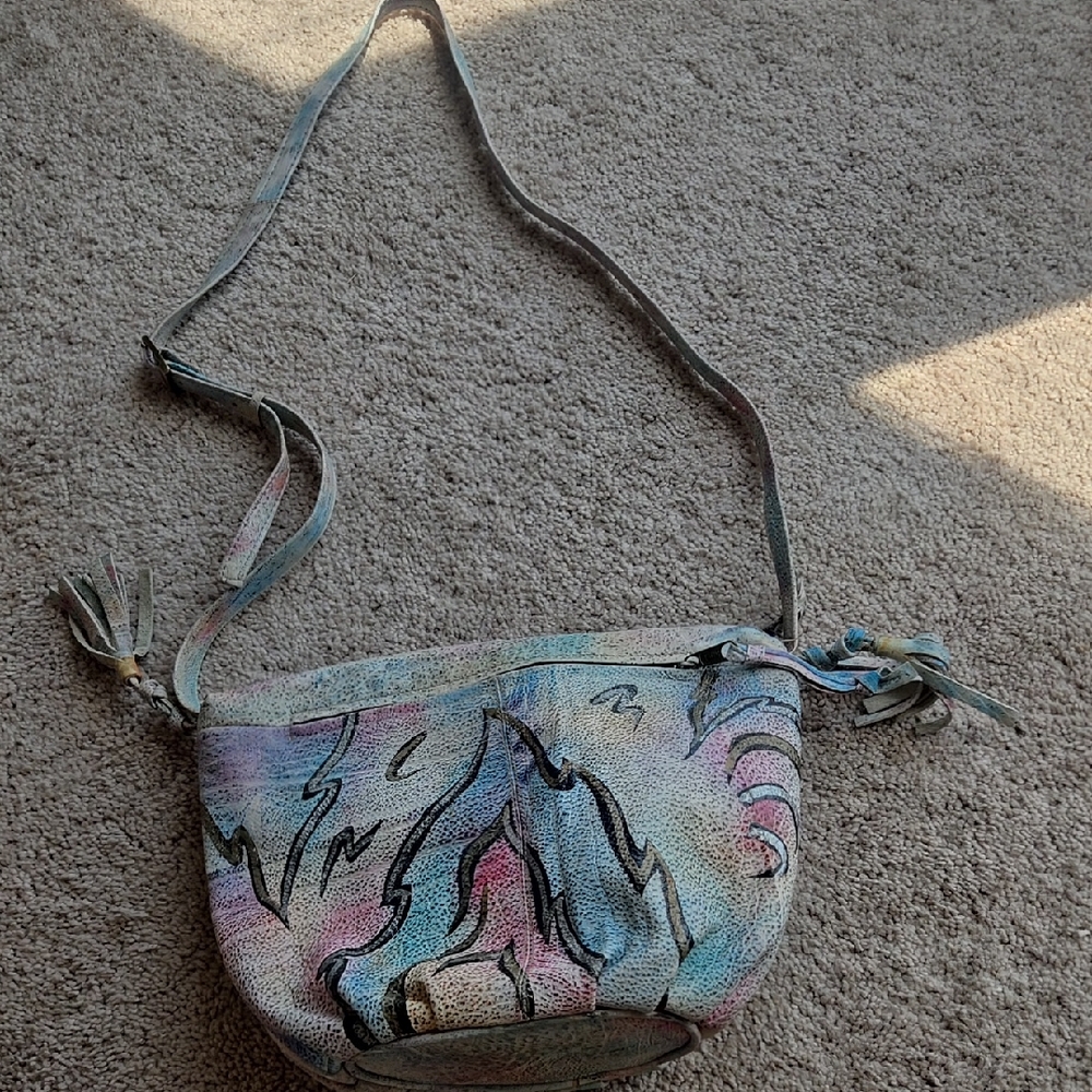 Vintage Leather Handpainted Artsy Pastel Multicolor Leather Crossbody Bag